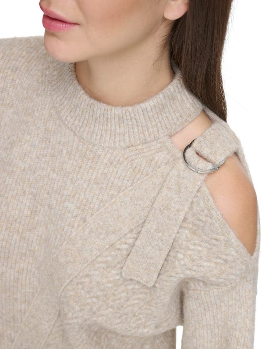 Dkny Women's Mixed-Stitch Cold-Shoulder Sweater Mock Neck Heather Beige L * Hole